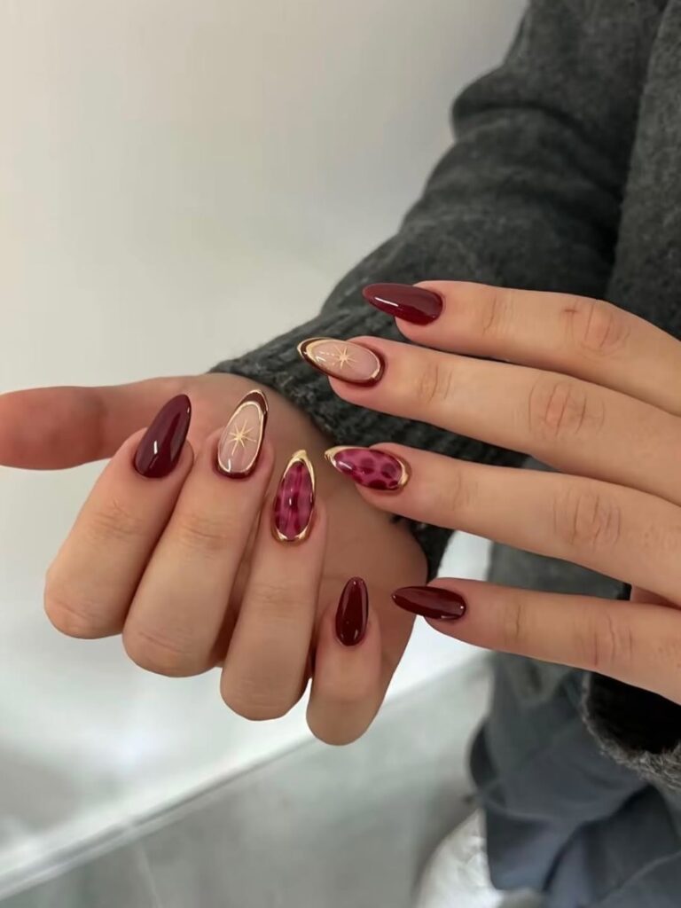 Burgundy Square Nails with Gold Stripe