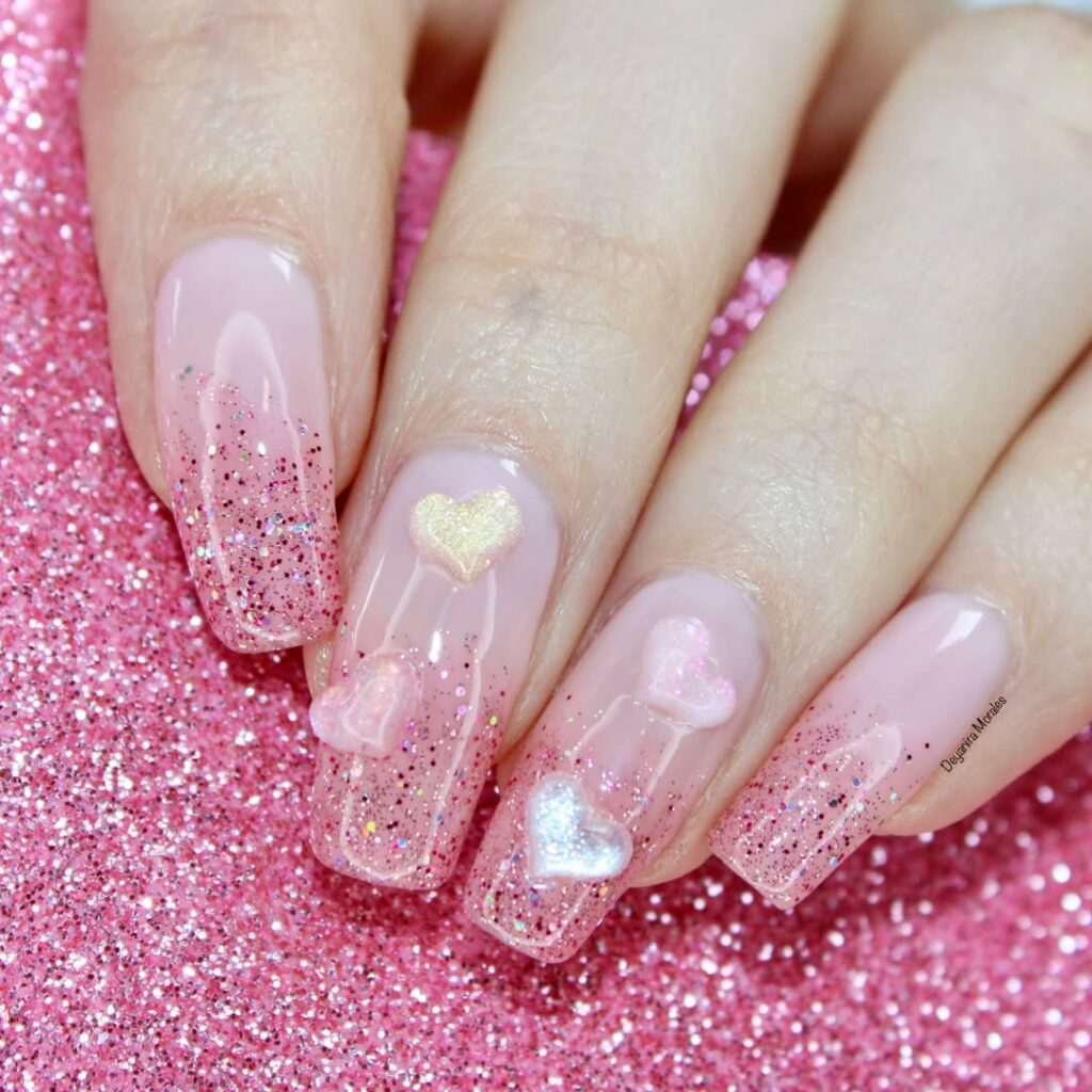 Soft Pink Square Nails with Tiny Hearts