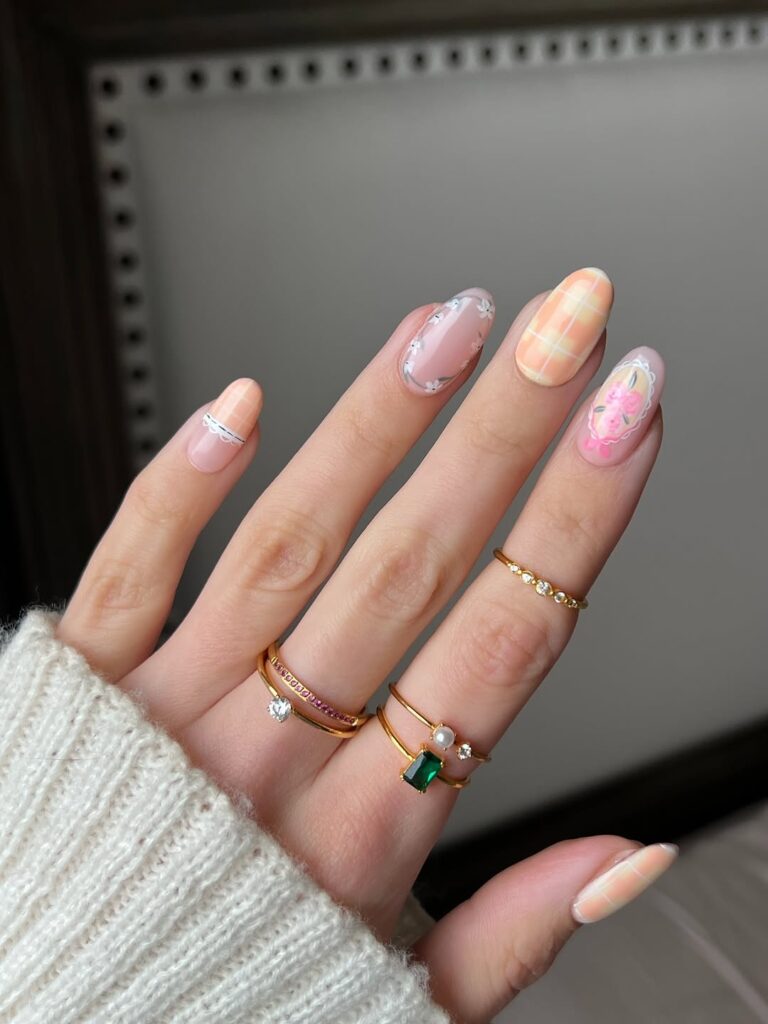 Peach Square Nails with Tiny Florals